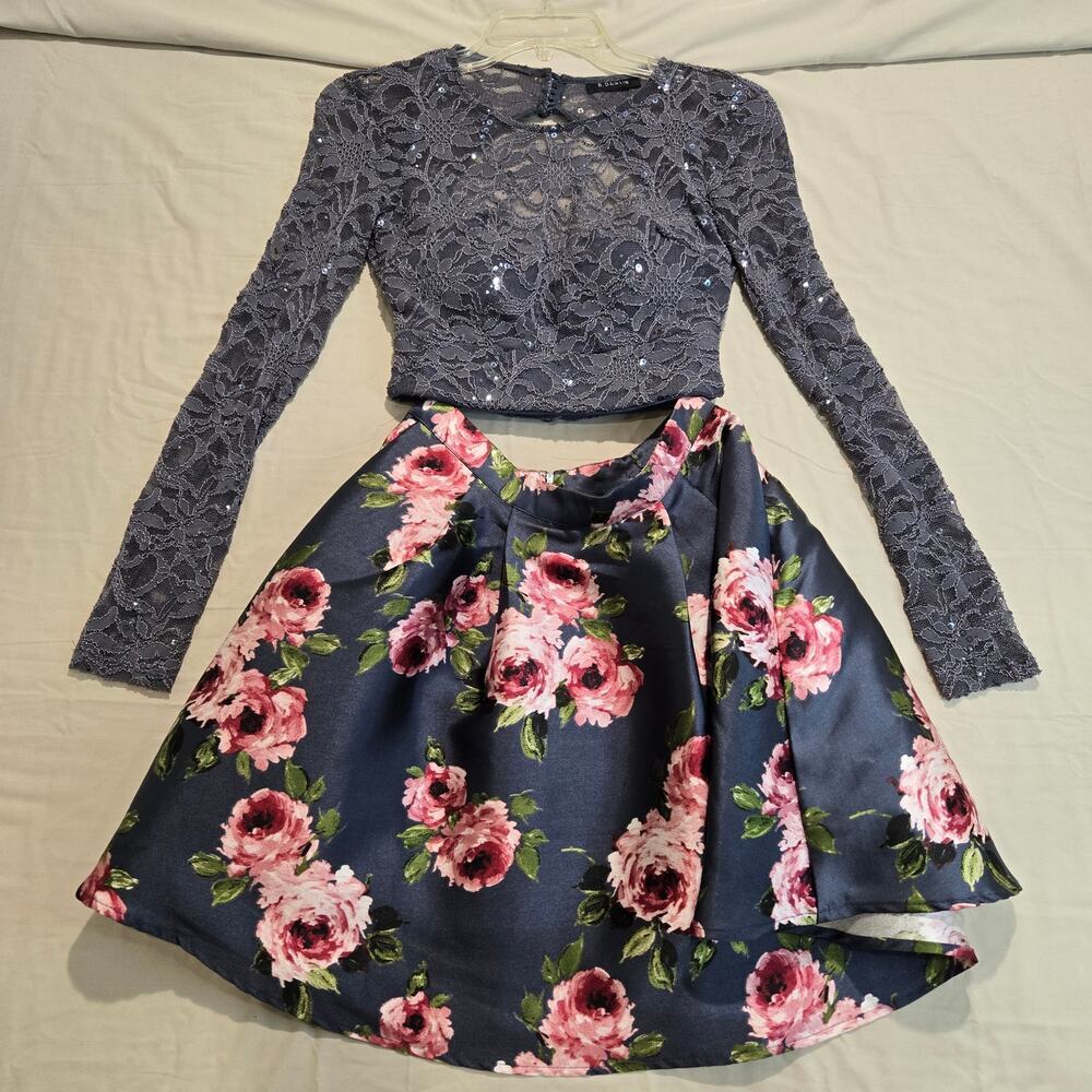 B. Darlin 2 pc Fall Floral Skirt Set Sequin Lace Top Sz 1/2 Homecoming Coquette